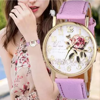 Модные унисекс новые часы с ремешком из искусственной кожи для девочек с узором розы, модные часы с принтом, повседневные женские кварцевые наручные часы розовый