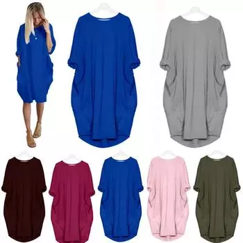 Модные унисекс популярные с круглым вырезом высокого качества свободные женские платья осень 1 шт дамы женские повседневные с длинным рукавом карман горячая распродажа XXL королевский синий