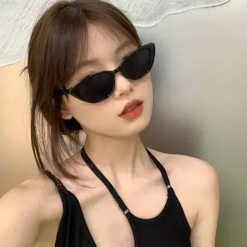 Модные унисекс простые модные треугольные очки маленькая оправа индивидуальные ретро солнцезащитные очки кошачий глаз Bright black grey lens