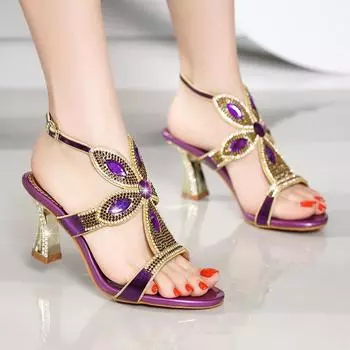 Модные универсальные босоножки из мягкой кожи с блестками для женщин с открытым носком на высоком каблуке для вечеринок и свадеб, летние босоножки со стразами 33(Foot21.5cm) золотой
