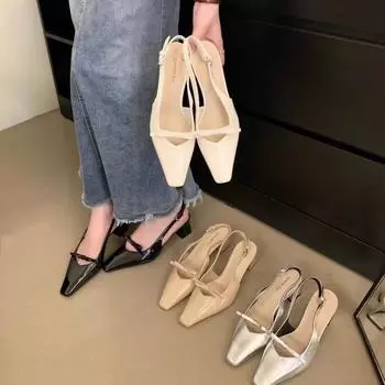 Модные универсальные босоножки на среднем и высоком каблуке с сумкой на голове, женская обувь, французский темперамент, пустые одинарные туфли 35 серебряный