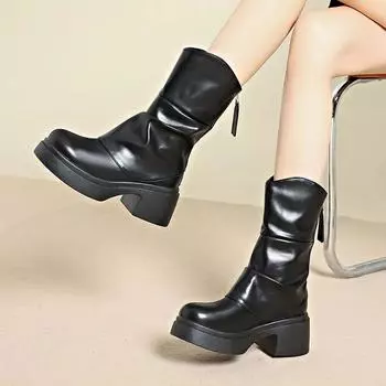 Модные универсальные ботильоны с круглым носком и толстой подошвой, женские удобные короткие ботинки на платформе и толстом каблуке, увеличивающие рост 35