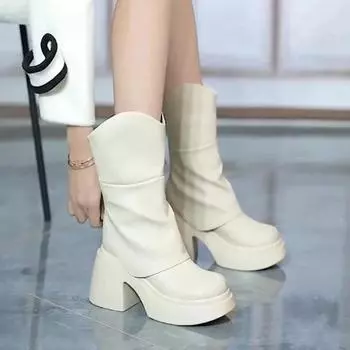 Модные универсальные ботильоны с круглым носком и толстой подошвой, женские удобные короткие ботинки на платформе и толстом каблуке, увеличивающие рост 35
