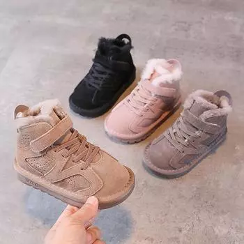 Модные универсальные детские зимние ботинки Детские студенческие термосапоги с мягкой подошвой из хлопка 21 чёрный