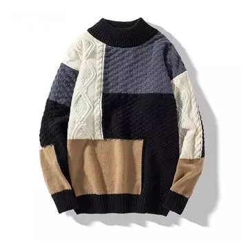 Модные универсальные лоскутные свитера, джемперы, мужские зимние повседневные свободные шерстяные теплые вязаные пуловеры с высоким воротником, топ M