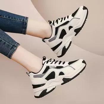 Модные универсальные нескользящие толстые туфли на плоской подошве, кроссовки для бега на открытом воздухе, повседневная обувь на шнуровке, кроссовки на высоком каблуке, универсальная обувь 35 чёрный