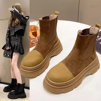 Модные универсальные однотонные женские ботинки, ботильоны на толстой подошве с круглым носком, женские меховые туфли в стиле панк-готика 37