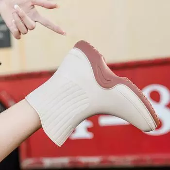 Модные универсальные резиновые сапоги женские средние бахилы контрастного цвета сшивание износостойкие рабочие резиновые сапоги водонепроницаемые и нескользящие 35 чёрный