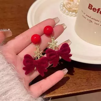 Модные универсальные серьги-бантики из красного бархата в виде снежинки для женщин 1 pair