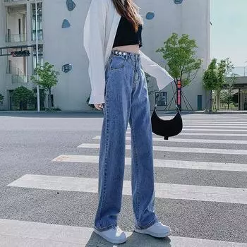 Модные универсальные синие женские широкие прямые джинсы, тонкие джинсовые брюки с высокой талией и пуговицами, свободные брюки S чёрный