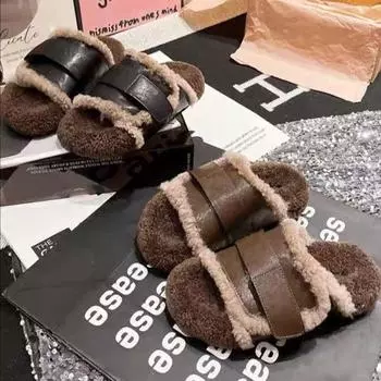 Модные универсальные тапочки на липучке Mao Mao женские 2024 осень корейская версия для улицы с открытым носком теплые тапочки 35 темно-коричневого