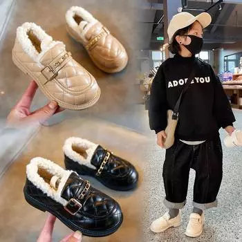 Модные универсальные туфли для девочек из овечьей шерсти и хлопка, зимние новые детские флисовые утолщенные туфли на плоской подошве, теплые маленькие кожаные туфли для мальчиков 21 inner length 13.2CM чёрный