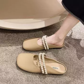 Модные универсальные жемчужные тапочки на плоской подошве Gentle Fairy Wind Baotou, женские полутапочки 2024 года, летние новые туфли на мягкой подошве Tide 35