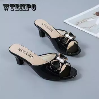 Модные универсальные женские туфли на высоком каблуке с бантом на шпильке, верхняя одежда, тапочки на среднем каблуке с рыбьим ротом, сандалии большого размера, женская обувь 35 дубильная кора