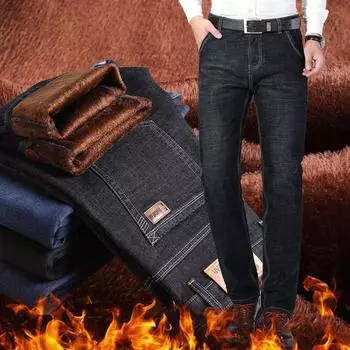 Модные утепленные джинсы мужские осенне-зимние модели свободные прямые эластичные мужские утолщенные теплые длинные брюки 28