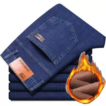 Модные утепленные джинсы мужские осенне-зимние модели свободные прямые с фланелью теплые мужские зимние брюки 28