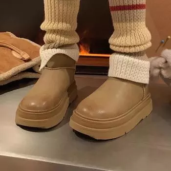 Модные утолщенные ботинки зимние женские ботинки на плоской подошве женские ботинки с круглым носком из плюшевого хлопка 2024 женские 35 бежевый