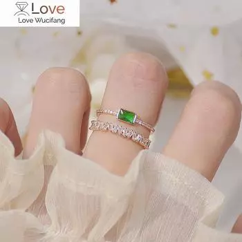 Модные ювелирные изделия 14K настоящее золото гальванизированная медь инкрустация цирконием кольцо двойной зеленый квадрат кристалл женское открытое кольцо белый