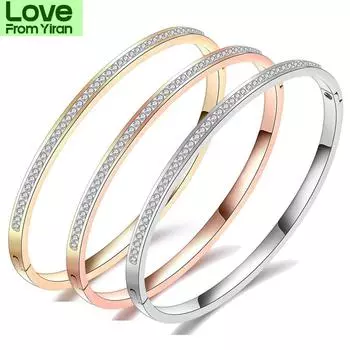 Модные ювелирные изделия браслеты с двумя линиями кристаллов и стразами из нержавеющей стали открывающийся браслет для женщин аксессуары чистый