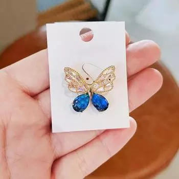 Модные ювелирные изделия, броши, булавки, прекрасный кристалл, стразы, брошь-бабочка для женщин, булавка для воротника, аксессуары для пальто, костюма, PD1865 синий