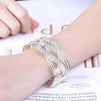 Модные ювелирные изделия из серебра 925 пробы, большой плетеный веб-браслет и браслет для женщин, простые открытые браслеты-манжеты, женские ювелирные изделия, подарки на вечеринку
