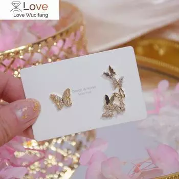 Модные ювелирные изделия Изысканные серьги из настоящего золота 14 карат с цирконием ААА Элегантные асимметричные серьги-бабочки для женщин в подарок на день рождения белый