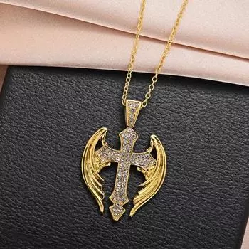 Модные ювелирные изделия Подарок Крылья Феи Крест Ожерелье мода Мода Ретро Крест золотистый