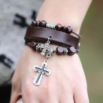 Модные ювелирные изделия ручной работы двойной крест кулон кожаные браслеты из бисера регулируемые многослойные плетеные чёрный