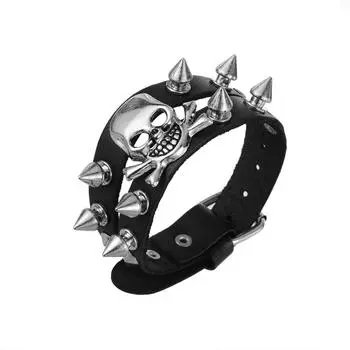 Модные ювелирные изделия ручной работы из натуральной кожи браслет с черепом для мужчин чёрный