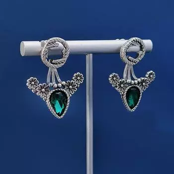 Модные ювелирные изделия, старинные серебряные серьги-гвоздики с изумрудом и каплями воды, съемные, с двумя способами ношения, серьги с индивидуальным дизайном