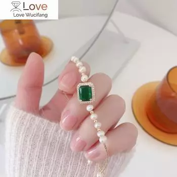 Модные ювелирные изделия темперамент квадратный зеленый циркониевый кристалл браслет растягивающийся регулируемый пресноводный жемчуг женский браслет белый