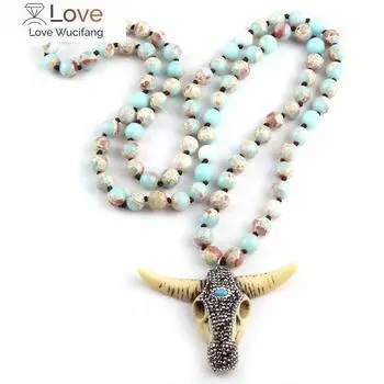 Модные ювелирные изделия в стиле бохо с подвеской в виде головы быка, ручная работа, ожерелье для женщин, подарок на день рождения 86cm красный