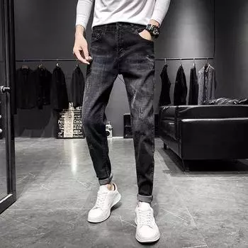 Модные узкие мужские джинсы Broken Holes Small Feet Nine Points Casual Trousers Весна и осень Черные джинсы 27