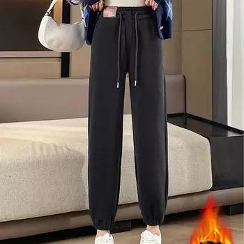 Модные узкие свободные повседневные брюки больших размеров для женщин, осень и зима, высокая талия, прямые однотонные теплые брюки, женские винтажные свободные широкие брюки 29584 S чёрный