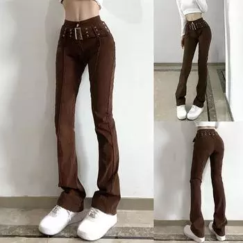 Модные вельветовые брюки для девочек в уличном стиле с высокой талией, тонкие повседневные брюки в стиле панк L коричневый