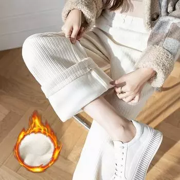 Модные вельветовые брюки с высокой талией, широкие брюки для женщин, осень и зима, свободные прямые повседневные брюки, женские облегающие офисные брюки из синели 25299 S