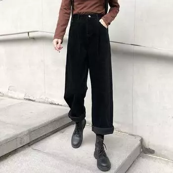 Модные вельветовые теплые брюки с высокой талией, женские винтажные свободные офисные женские широкие брюки, осенняя уличная одежда, хлопковые брюки 29146 XS чёрный