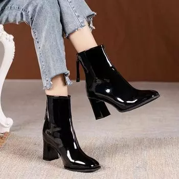 Модные верхние глянцевые кожаные осенне-зимние заостренные носки на толстом каблуке в стиле ретро короткие женские одинарные ботинки с застежкой-молнией сзади на высоком каблуке черные ботинки 35 чёрный