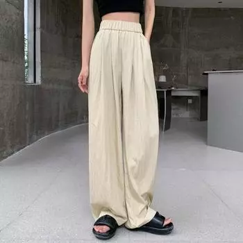 Модные весенне-летние плиссированные свободные широкие брюки для женщин 2023 года, повседневные элегантные тонкие длинные брюки больших размеров, женские однотонные брюки с эластичной резинкой на талии 2697 S чёрный