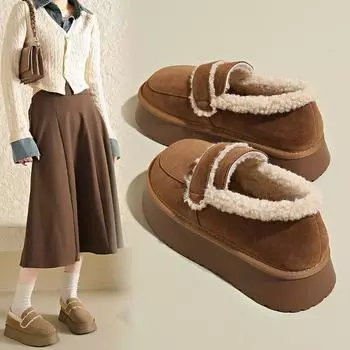 Модные весенне-осенне-зимние меховые туфли для женщин, универсальные туфли на толстой подошве с одной ногой, с пуговицами, с подкладкой из хлопка, с подкладкой 35 хаки