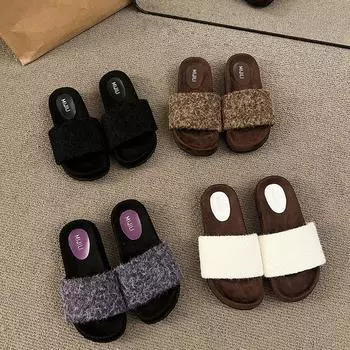 Модные весенне-осенние фиолетовые пушистые тапочки с толстой подошвой для женщин, зимняя одежда для улицы, французские нишевые домашние тапочки для улицы из одного слова из хлопка 35 коричневый
