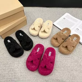 Модные весенне-осенние меховые тапочки женские уличные зимние толстые домашние тапочки из мягкого хлопка с мехом 35 хаки