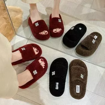 Модные весенне-осенние мохнатые тапочки женские на улице зимние супер горячие сто уютные хлопковые тапочки с одним словом 35 чёрный