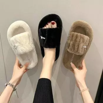 Модные весенне-осенние мохнатые тапочки женские нарядные зимние толстые удобные легкие простые щедрые A Word Drag 35 хаки
