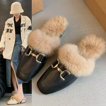 Модные весенне-осенние мохнатые тапочки женские уличные тапочки Mueller Hundre с толстым каблуком мягкие теплые зимние хлопковые тапочки Sub 35 чёрный