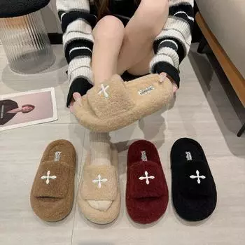 Модные весенне-осенние мохнатые тапочки женские уличные модели для беременных женщин большого размера для дома с толстой подошвой и перекрестными цветами плюшевые хлопковые тапочки 35 хаки