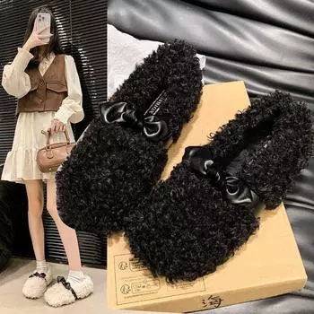 Модные весенне-осенние мохнатые туфли, женская верхняя одежда, одна нога, стремена, соевые туфли, зимние плюшевые хлопковые туфли, туфли Le Fu на плоской подошве 35 хаки