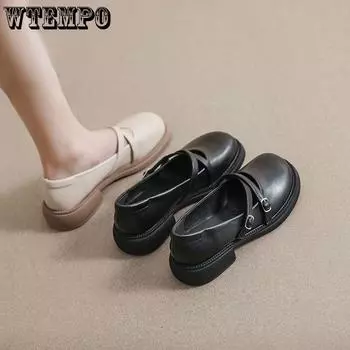 Модные весенне-осенние новые дышащие маленькие кожаные туфли в японском стиле, студенческая женская обувь на толстой подошве, туфли на плоской подошве 35 чёрный