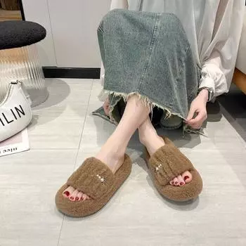 Модные весенне-осенние плиссированные меховые тапочки женские зимние уличные тапочки европейские из толстой подошвы плюшевые хлопковые тапочки зимние 35 хаки