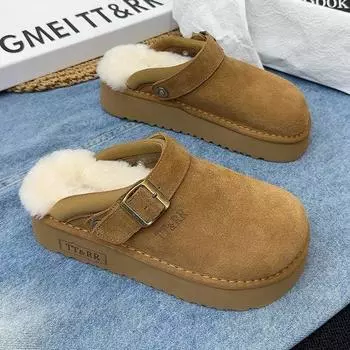 Модные весенне-осенние полутапочки из овечьей шерсти для женщин, уличная одежда с толстой подошвой, меховые туфли, зимняя обувь с двумя ремешками 35 абрикосовый